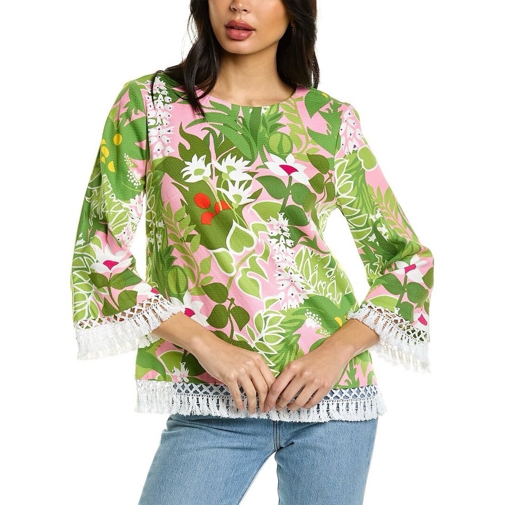 Trina Turk Sprig Top in Nocolor‎ Floral Print Pink Green Fringed Retro Sz 4 $150